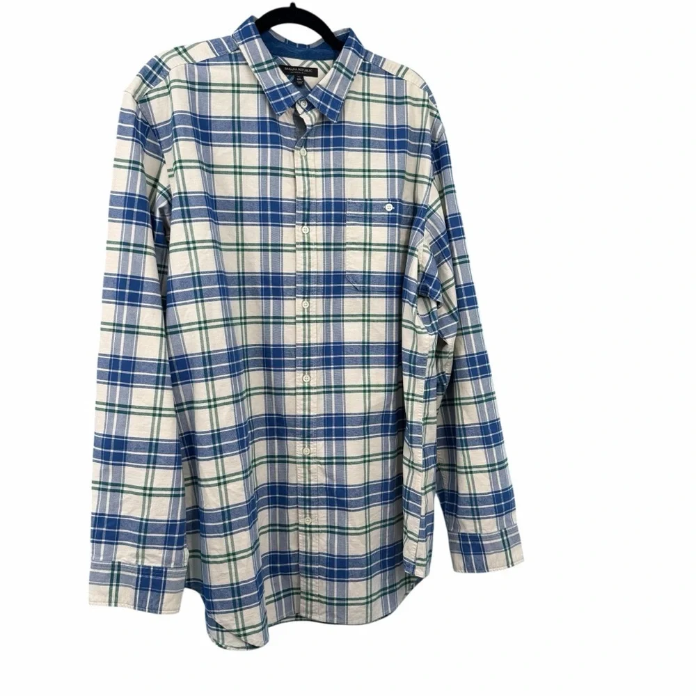 Banana Republic Oxford Slim Fit Blue Green Plaid Corduroy Trim Mens Shirt XXL